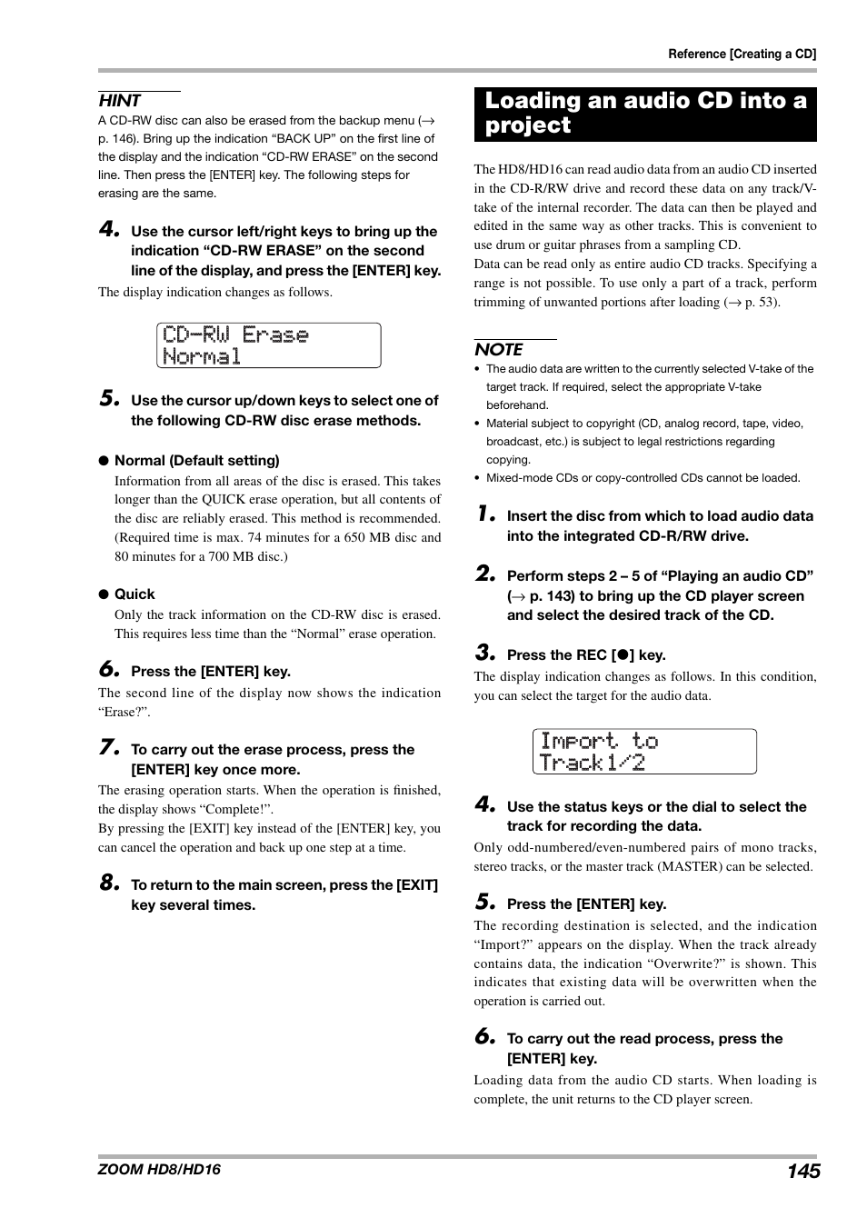 Cd-rw erase cd-rw erase normal normal, Import to import to track1/2 track1/2, Loading an audio cd into a project | Zoom HD16 User Manual | Page 145 / 213