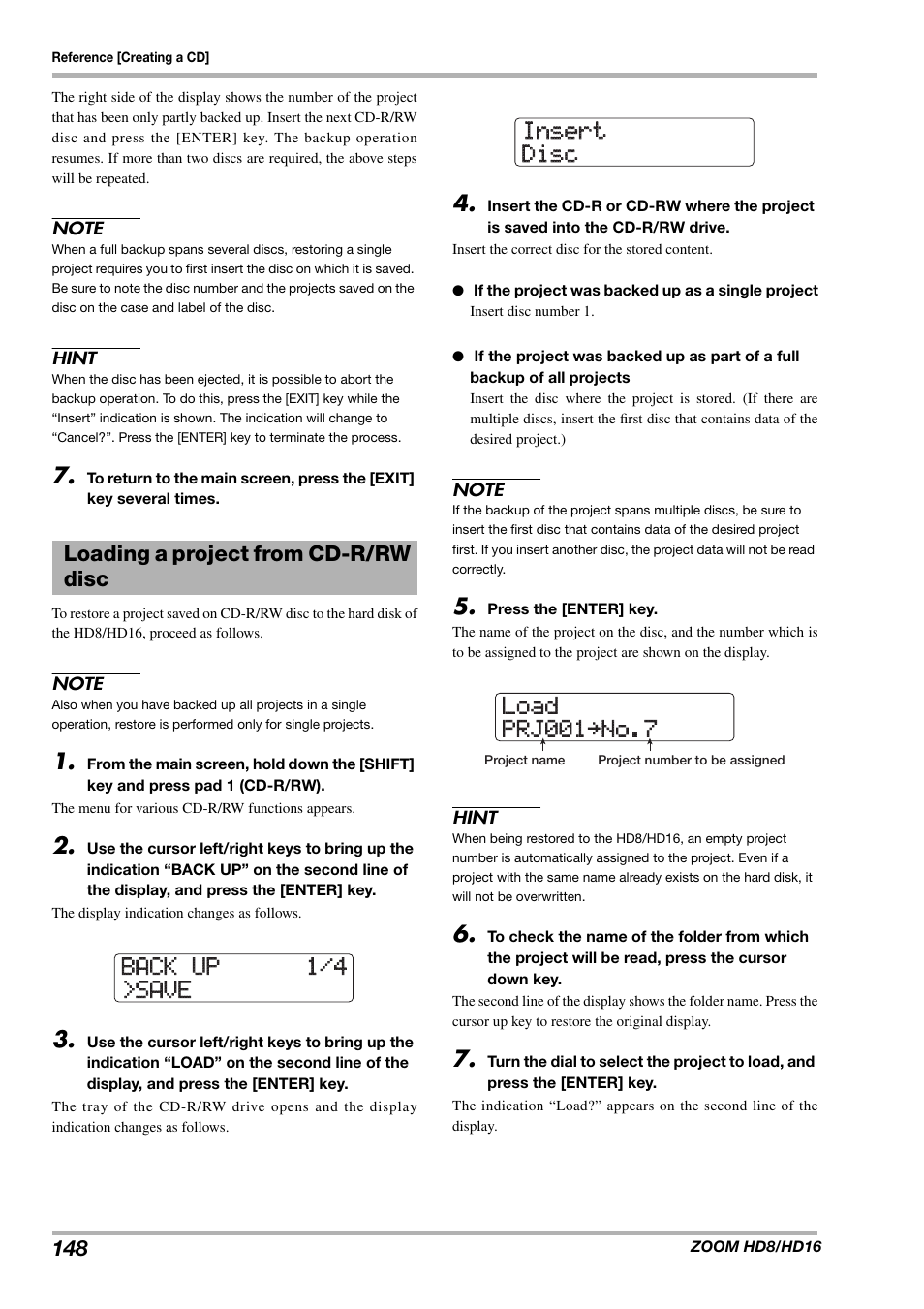 Loading a project from cd-r/rw disc | Zoom HD16 User Manual | Page 148 / 213