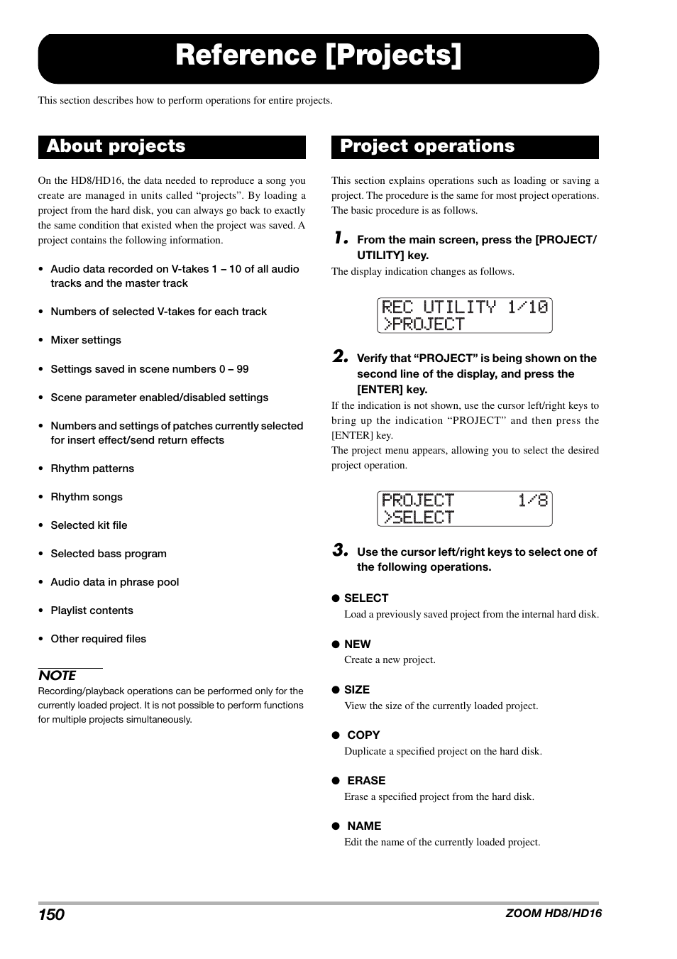 Reference [projects, About projects project operations | Zoom HD16 User Manual | Page 150 / 213