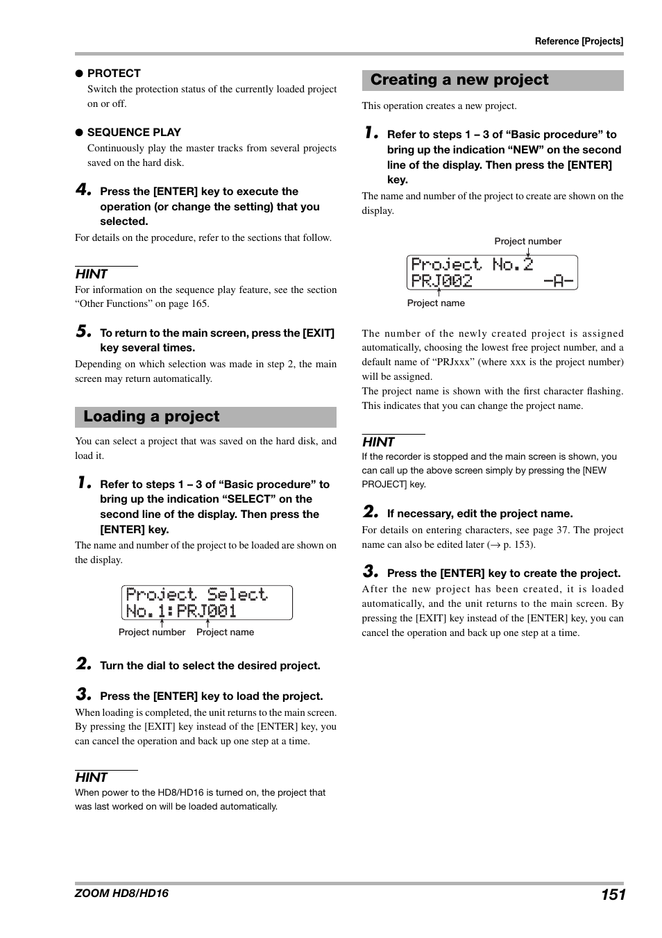 Loading a project, Creating a new project | Zoom HD16 User Manual | Page 151 / 213