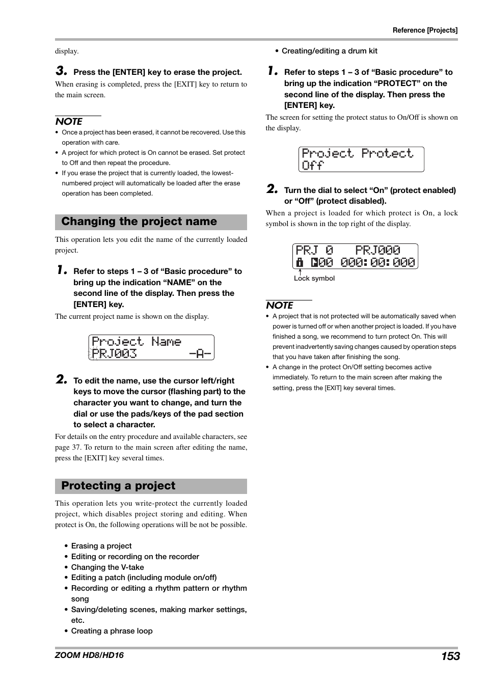 Changing the project name protecting a project | Zoom HD16 User Manual | Page 153 / 213