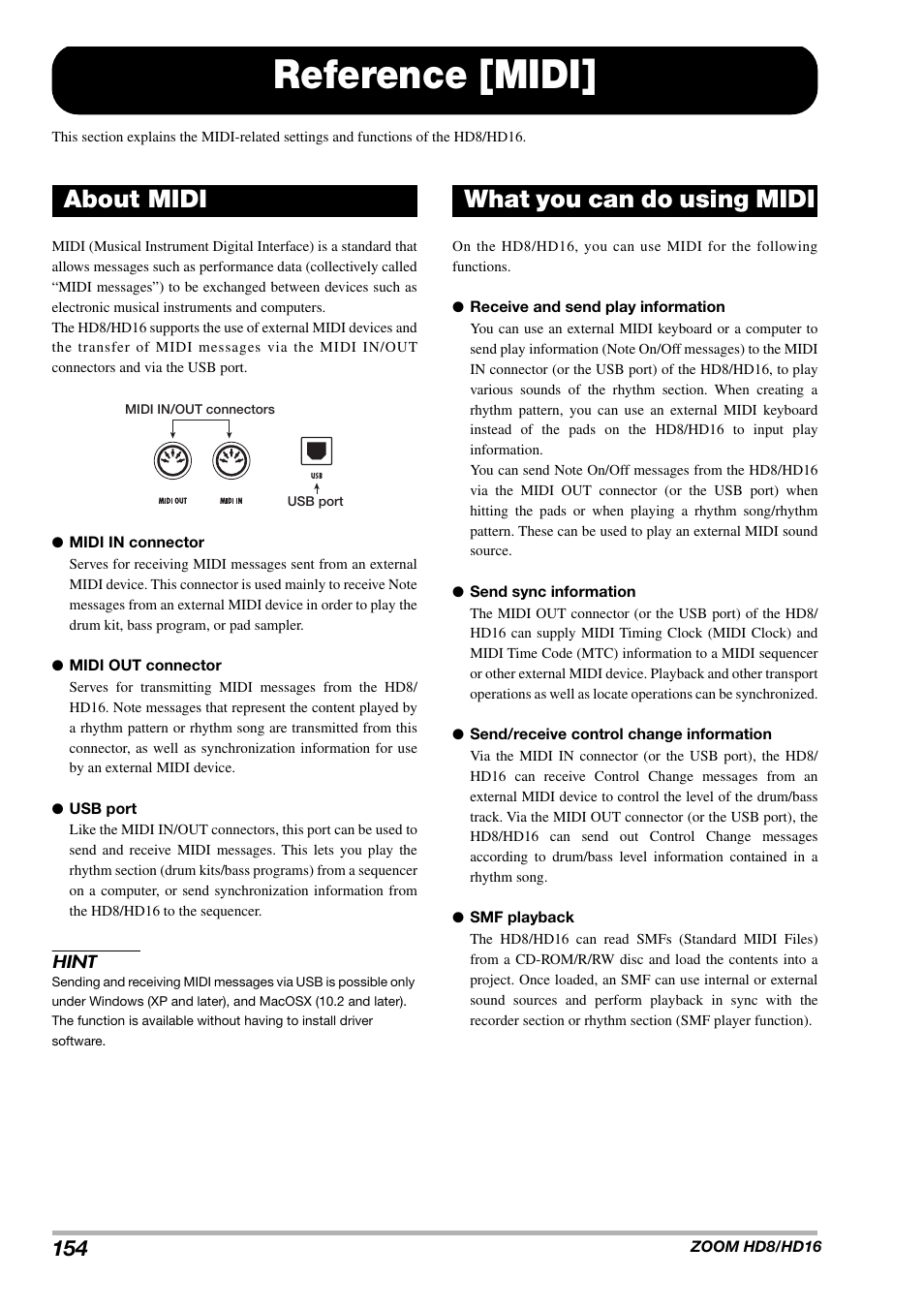 Reference [midi, About midi, What you can do using midi | Zoom HD16 User Manual | Page 154 / 213