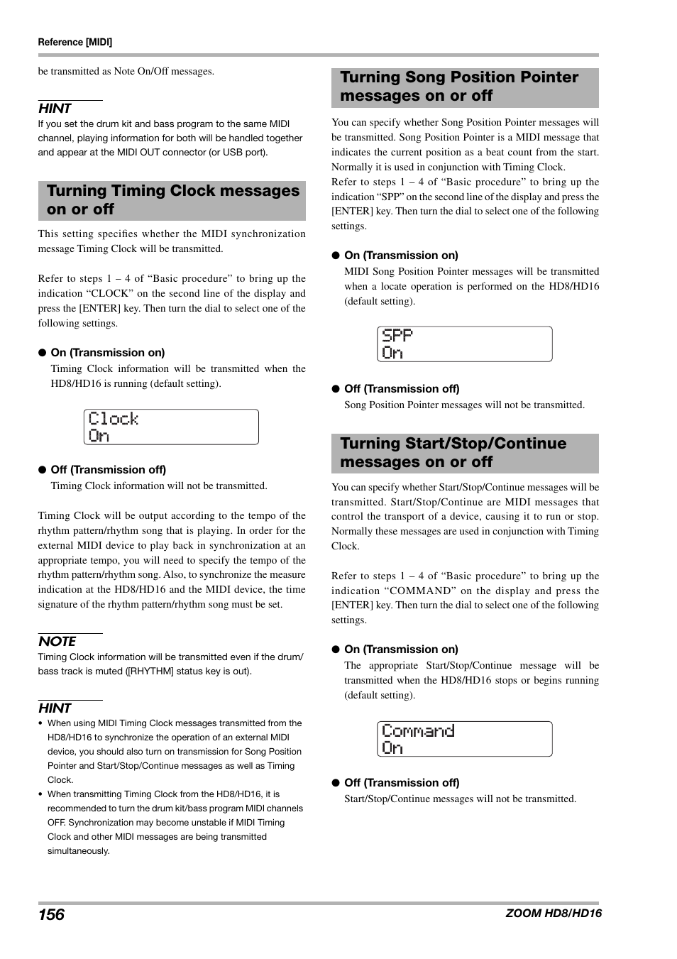 Clock clock on on, Spp spp on on command command on on, Turning timing clock messages on or off | Zoom HD16 User Manual | Page 156 / 213
