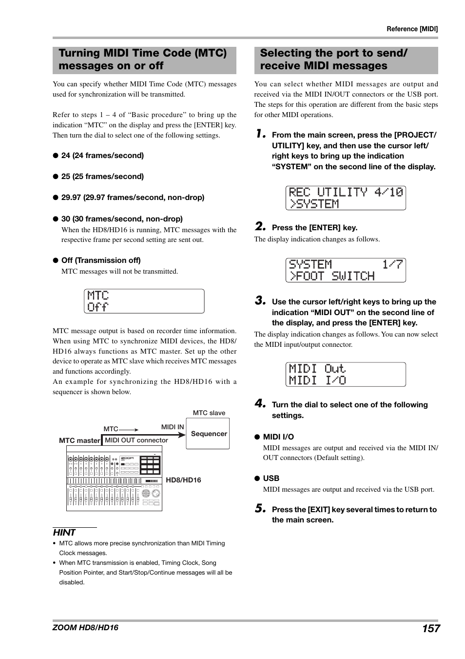 Mtc mtc off off, Turning midi time code (mtc) messages on or off, Selecting the port to send/ receive midi messages | Zoom HD16 User Manual | Page 157 / 213