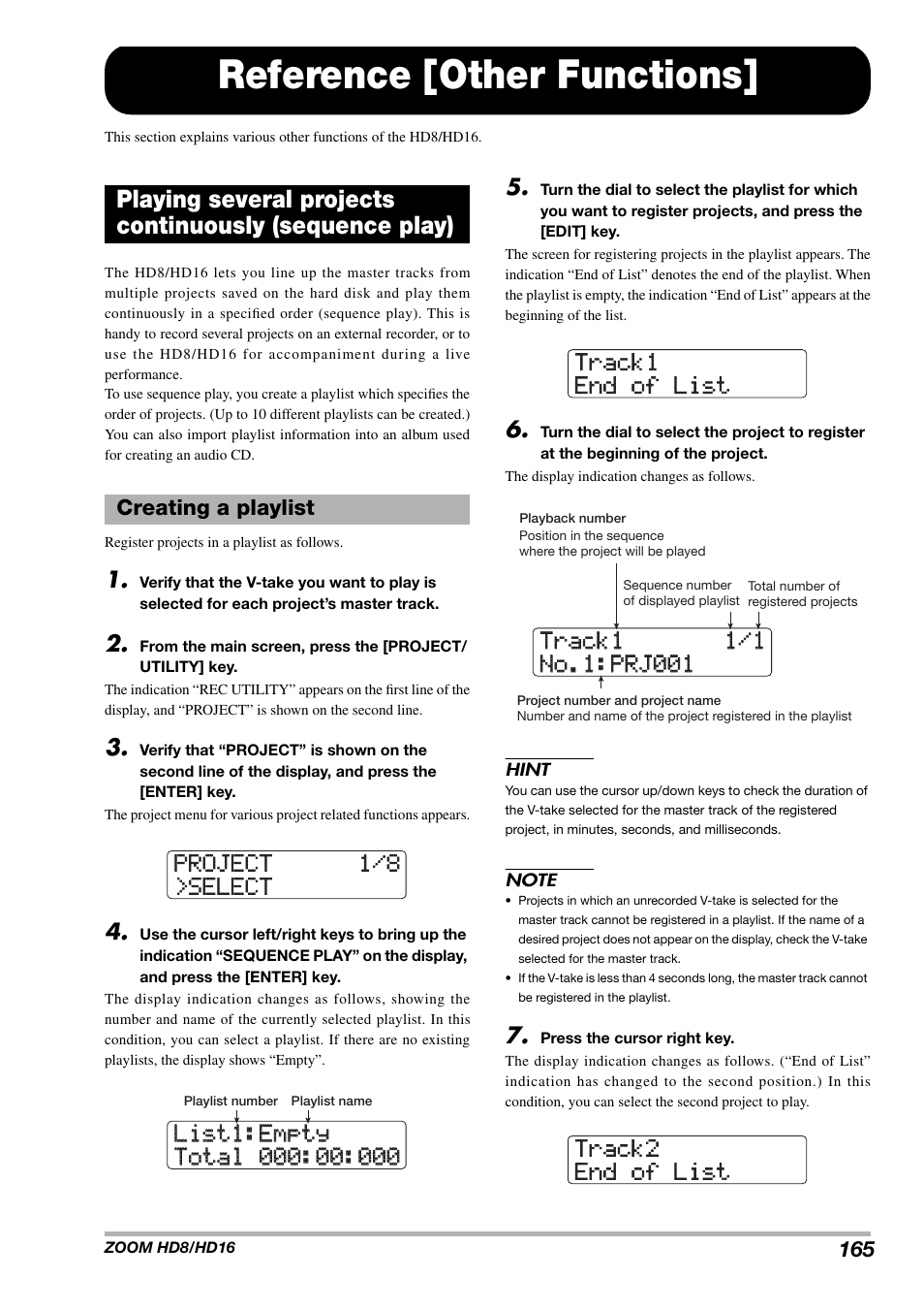Reference [other functions, Project 1/8 project 1/8 >select >select, Track2 track2 end of list end of list | Zoom HD16 User Manual | Page 165 / 213