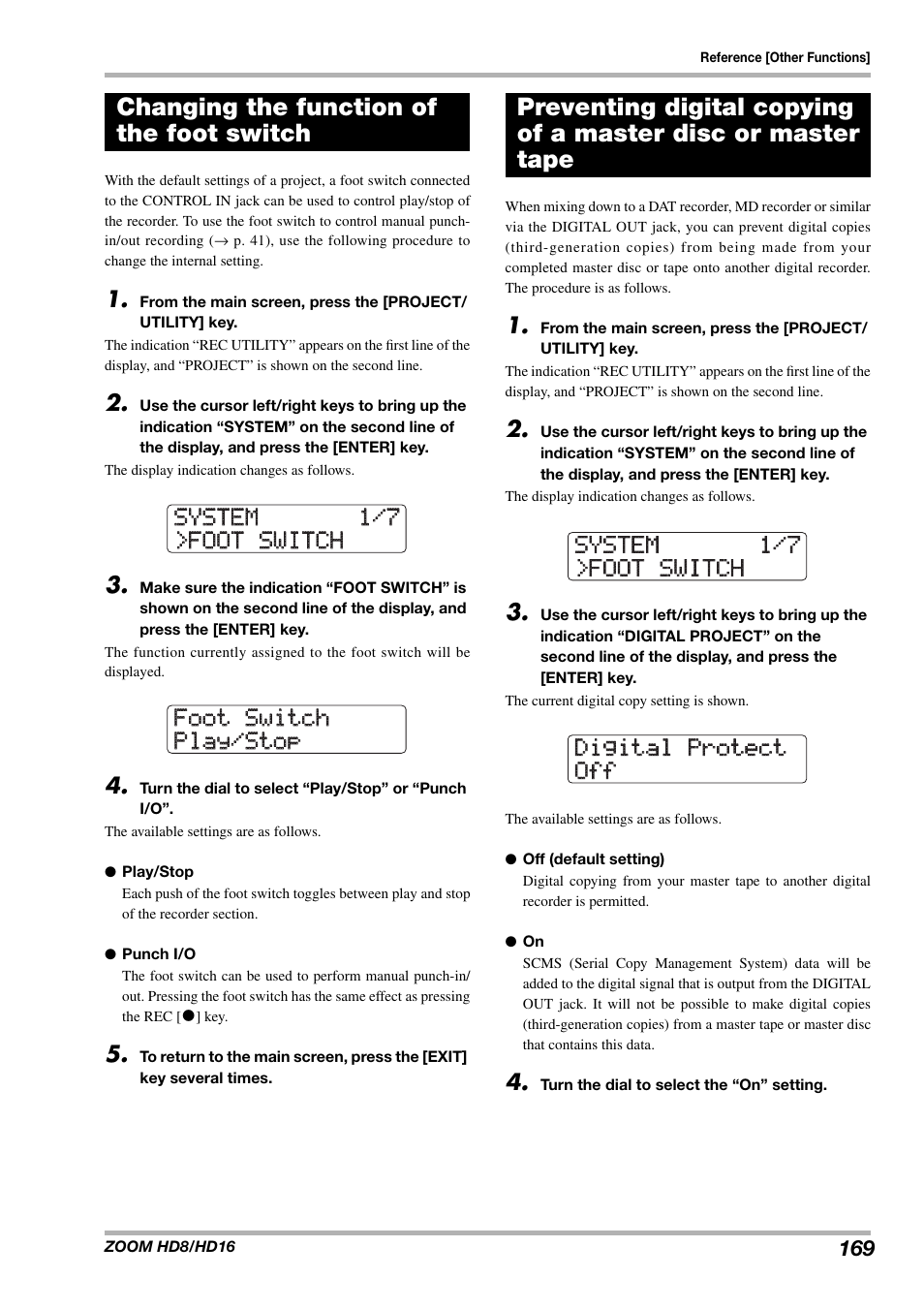 Changing the function of the foot switch | Zoom HD16 User Manual | Page 169 / 213