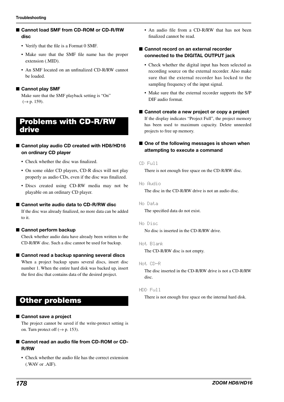 Problems with cd-r/rw drive other problems | Zoom HD16 User Manual | Page 178 / 213