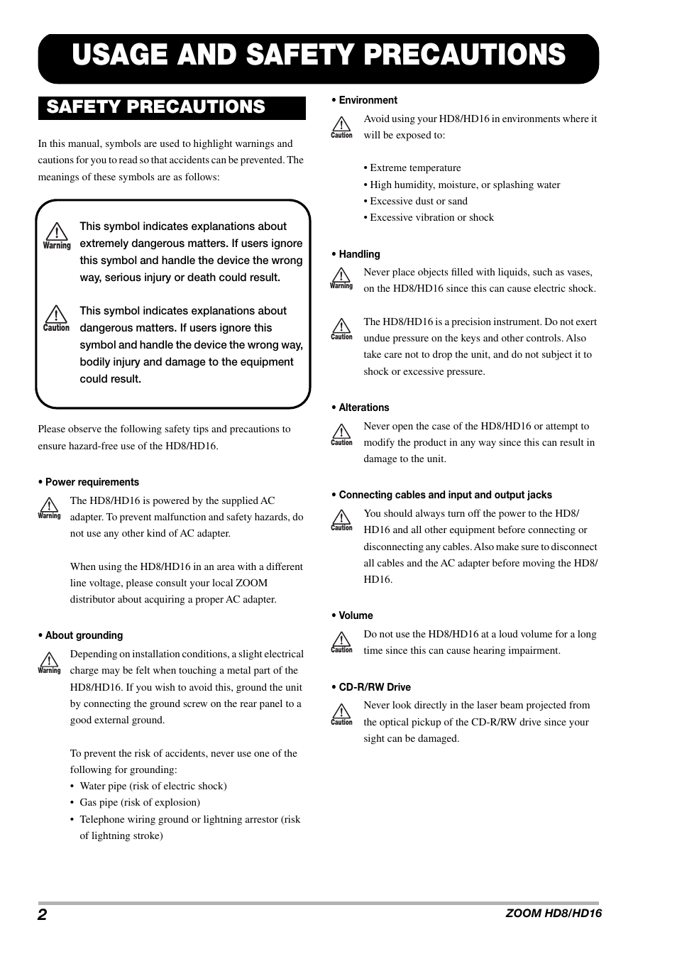 Usage and safety precautions, Safety precautions | Zoom HD16 User Manual | Page 2 / 213