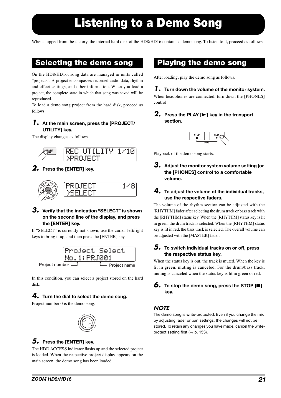 Listening to a demo song, Selecting the demo song, Playing the demo song | Zoom HD16 User Manual | Page 21 / 213