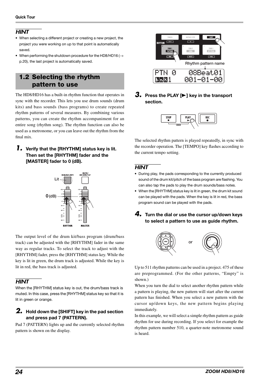2 selecting the rhythm pattern to use | Zoom HD16 User Manual | Page 24 / 213
