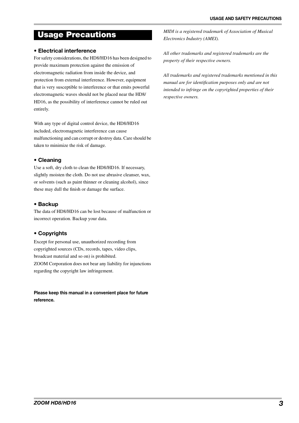 Usage precautions | Zoom HD16 User Manual | Page 3 / 213