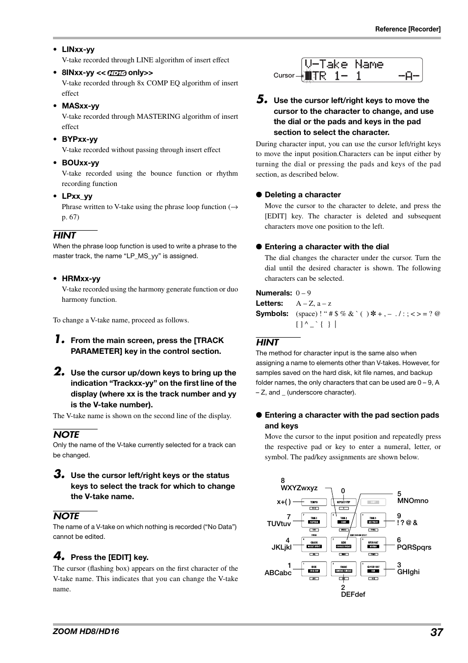 V-take name v-take name ±tr 1- 1 -a- tr 1- 1 -a | Zoom HD16 User Manual | Page 37 / 213