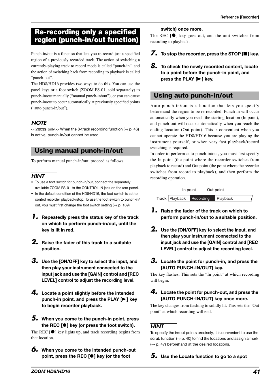Using manual punch-in/out using auto punch-in/out | Zoom HD16 User Manual | Page 41 / 213