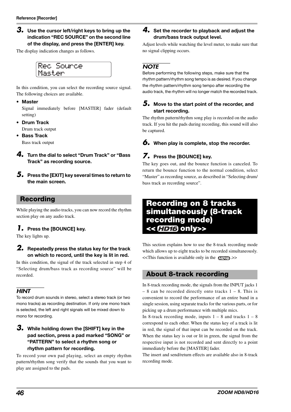 Rec source rec source master master, Recording, About 8-track recording | Zoom HD16 User Manual | Page 46 / 213