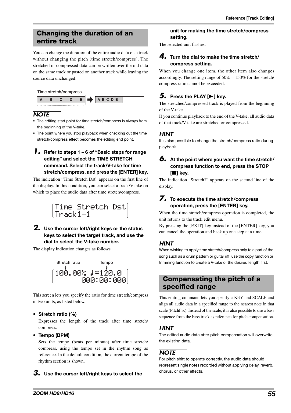 Changing the duration of an entire track, Compensating the pitch of a specified range | Zoom HD16 User Manual | Page 55 / 213