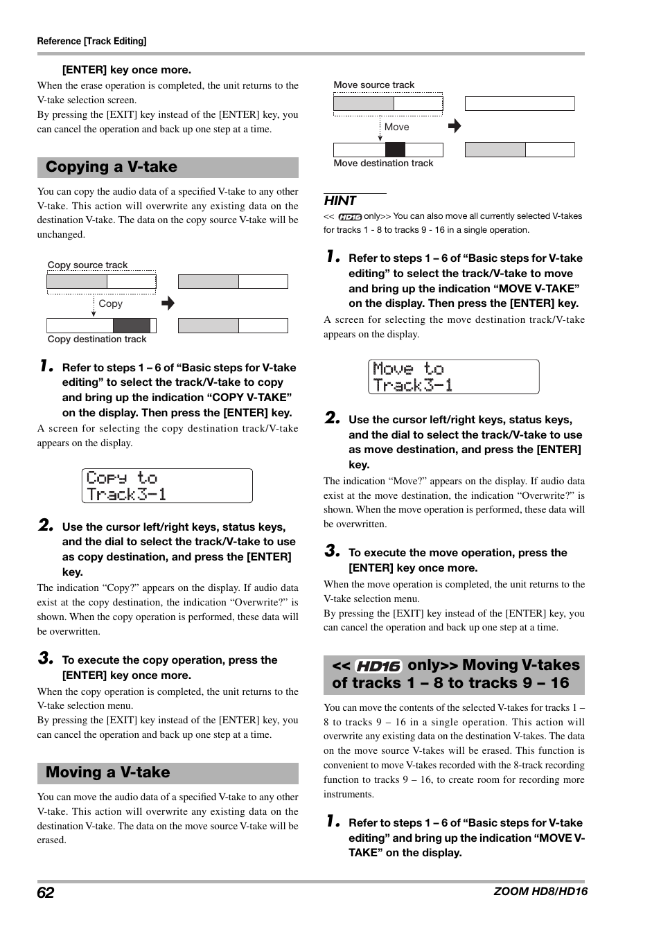 Copy to copy to track3-1 track3-1, Move to move to track3-1 track3-1, Copying a v-take moving a v-take | Zoom HD16 User Manual | Page 62 / 213