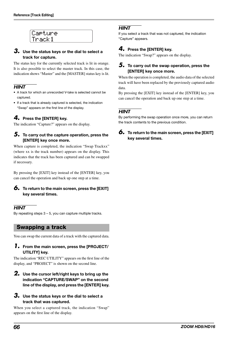 Capture capture track1 track1, Swapping a track | Zoom HD16 User Manual | Page 66 / 213
