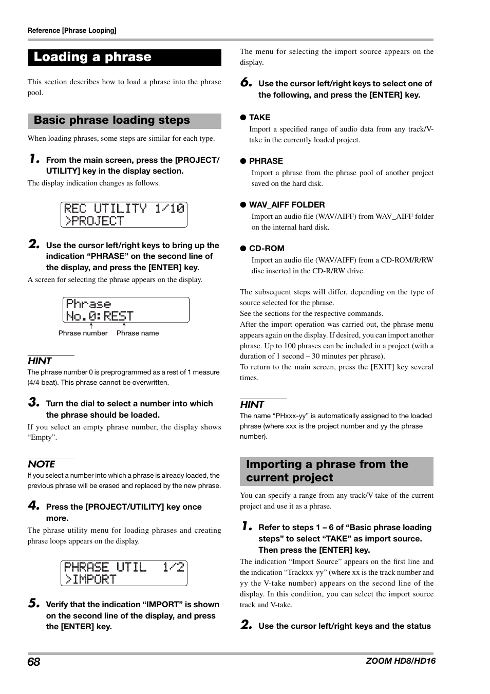 Loading a phrase, Basic phrase loading steps, Importing a phrase from the current project | Zoom HD16 User Manual | Page 68 / 213