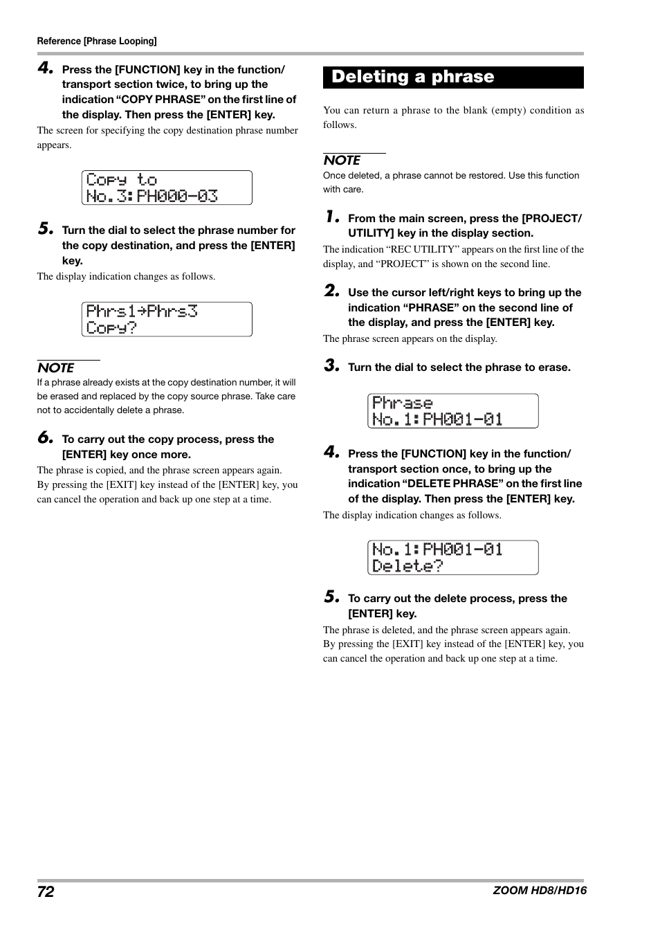 Deleting a phrase | Zoom HD16 User Manual | Page 72 / 213