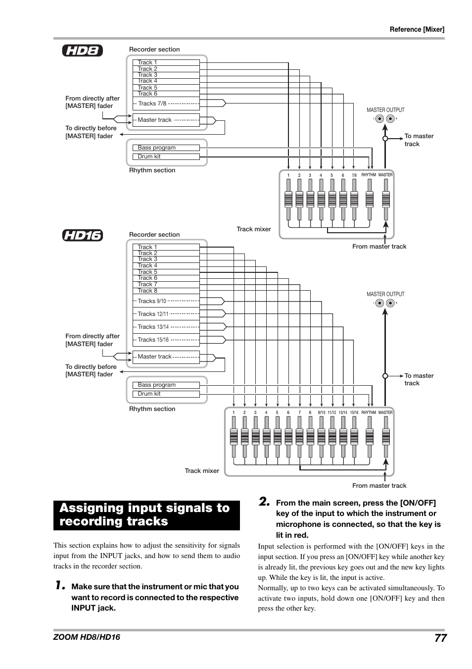 Assigning input signals to recording tracks, Zoom hd8/hd16 | Zoom HD16 User Manual | Page 77 / 213