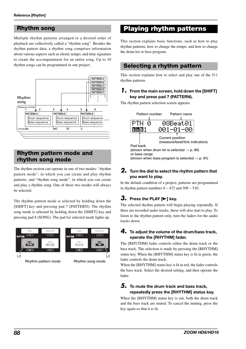 Playing rhythm patterns, Selecting a rhythm pattern | Zoom HD16 User Manual | Page 88 / 213