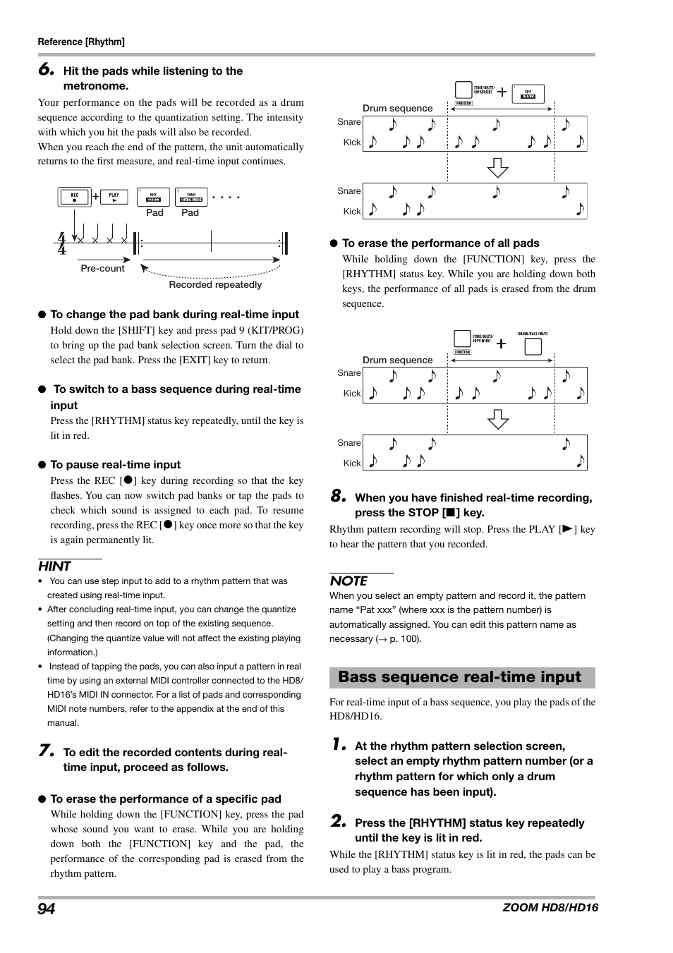 Bass sequence real-time input | Zoom HD16 User Manual | Page 94 / 213