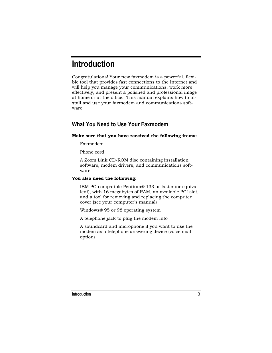 Introduction, What you need to use your faxmodem | Zoom 1120 User Manual | Page 3 / 32
