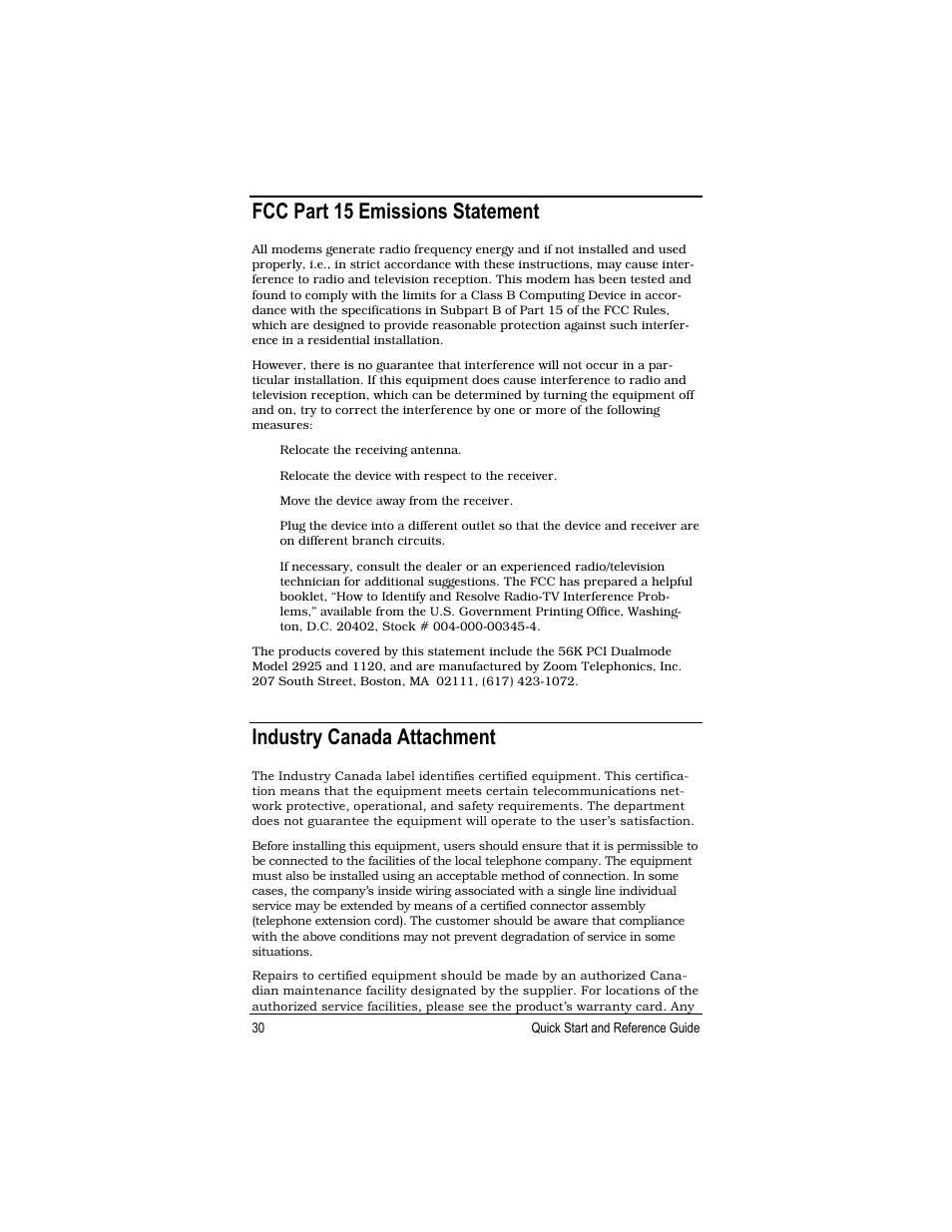Fcc part 15 emissions statement, Industry canada attachment | Zoom 1120 User Manual | Page 30 / 32