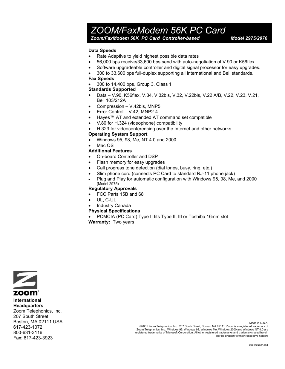 Zoom/faxmodem 56k pc card | Zoom 2975 User Manual | Page 2 / 2