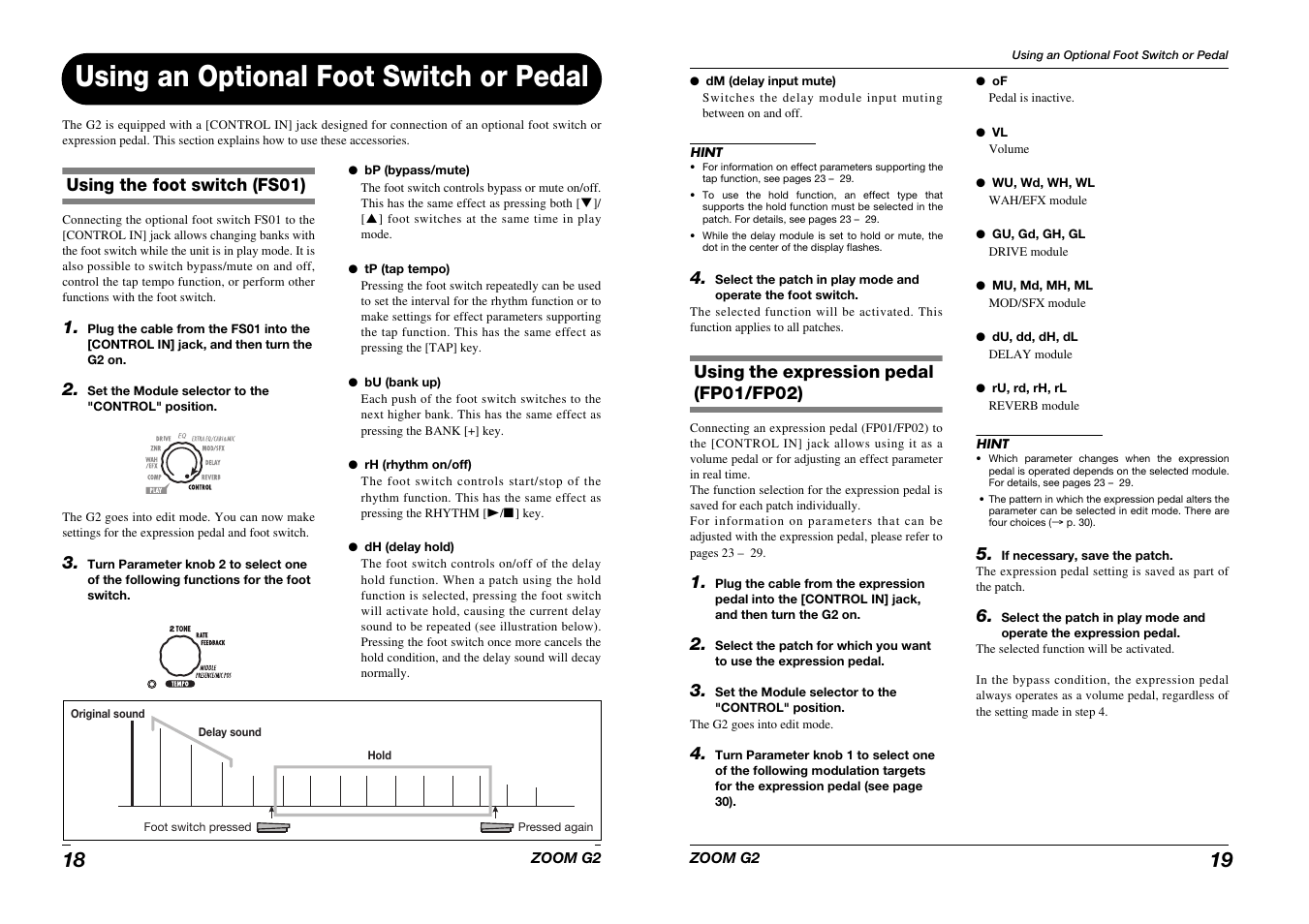 Using an optional foot switch or pedal | Zoom G2 User Manual | Page 10 / 19