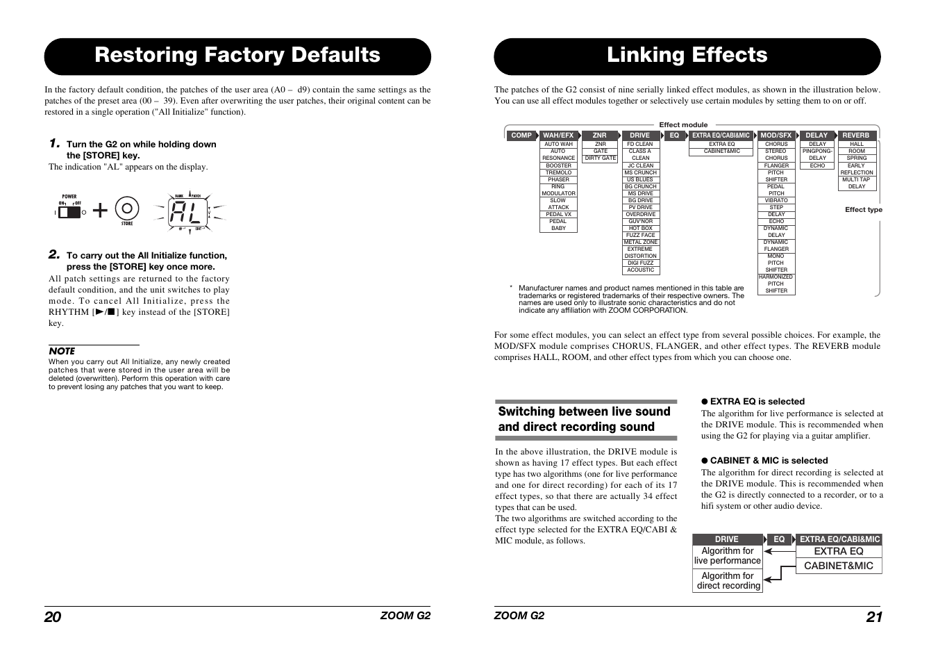 Restoring factory defaults, Linking effects | Zoom G2 User Manual | Page 11 / 19
