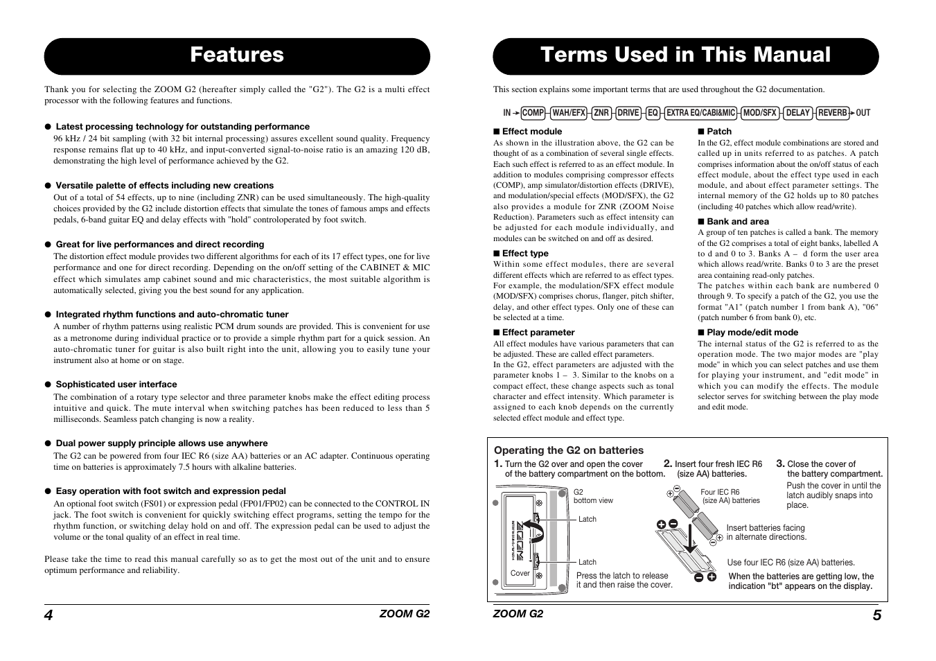 Features, Terms used in this manual | Zoom G2 User Manual | Page 3 / 19