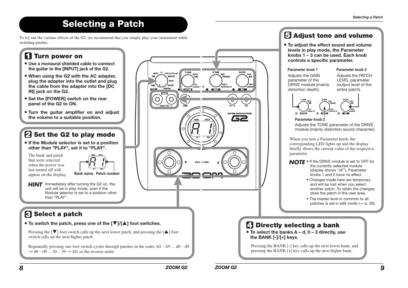 Selecting a patch, Turn power on set the g2 to play mode, Select a patch | 9adjust tone and volume, Directly selecting a bank | Zoom G2 User Manual | Page 5 / 19