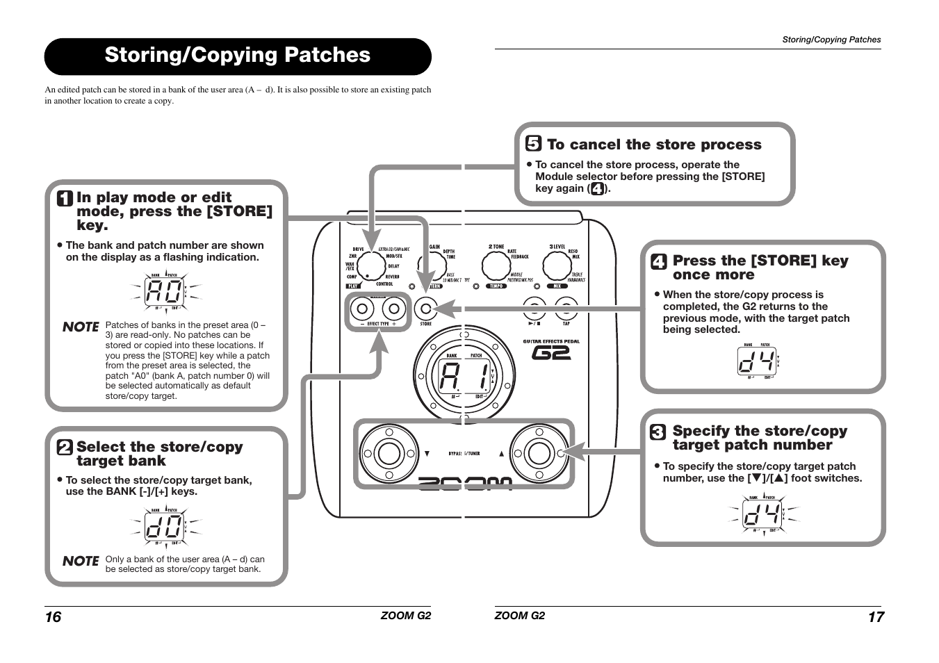 A 0 d 0, Storing/copying patches | Zoom G2 User Manual | Page 9 / 19