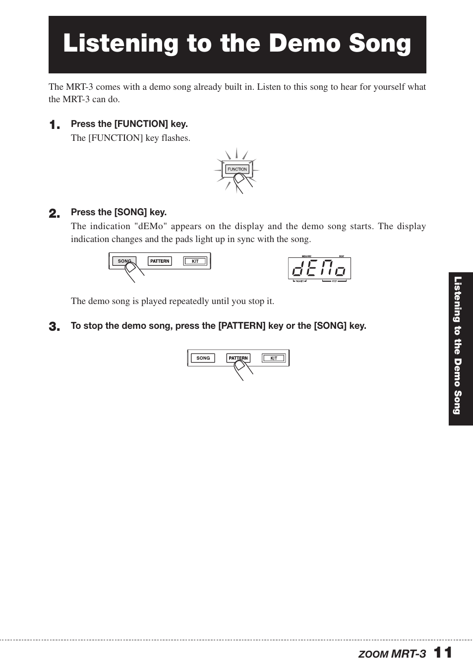 Listening to the demo song, D e m o | Zoom MRT-3 User Manual | Page 11 / 64