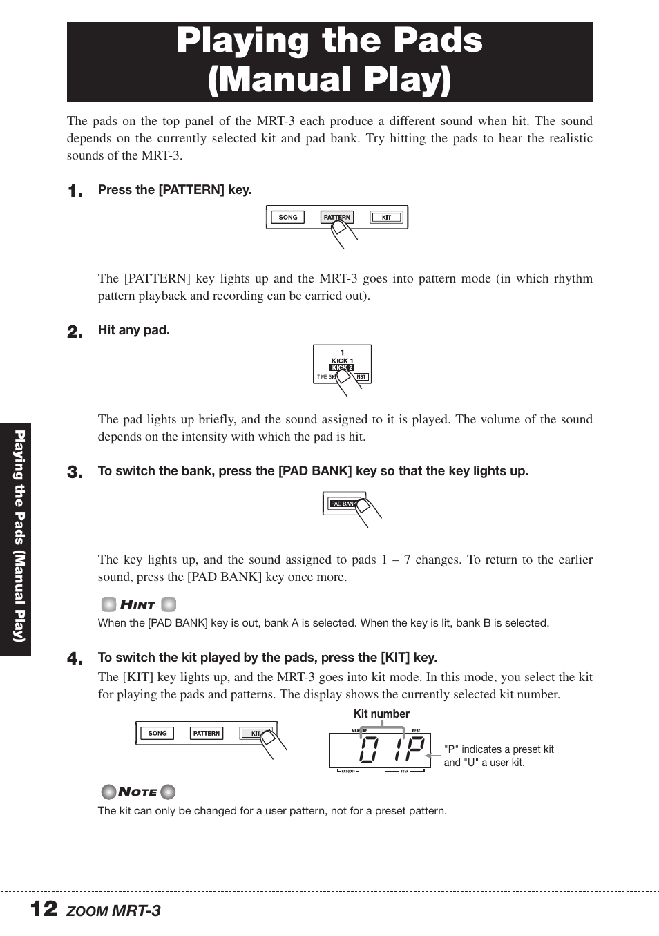 Playing the pads (manual play), 0 1 p | Zoom MRT-3 User Manual | Page 12 / 64