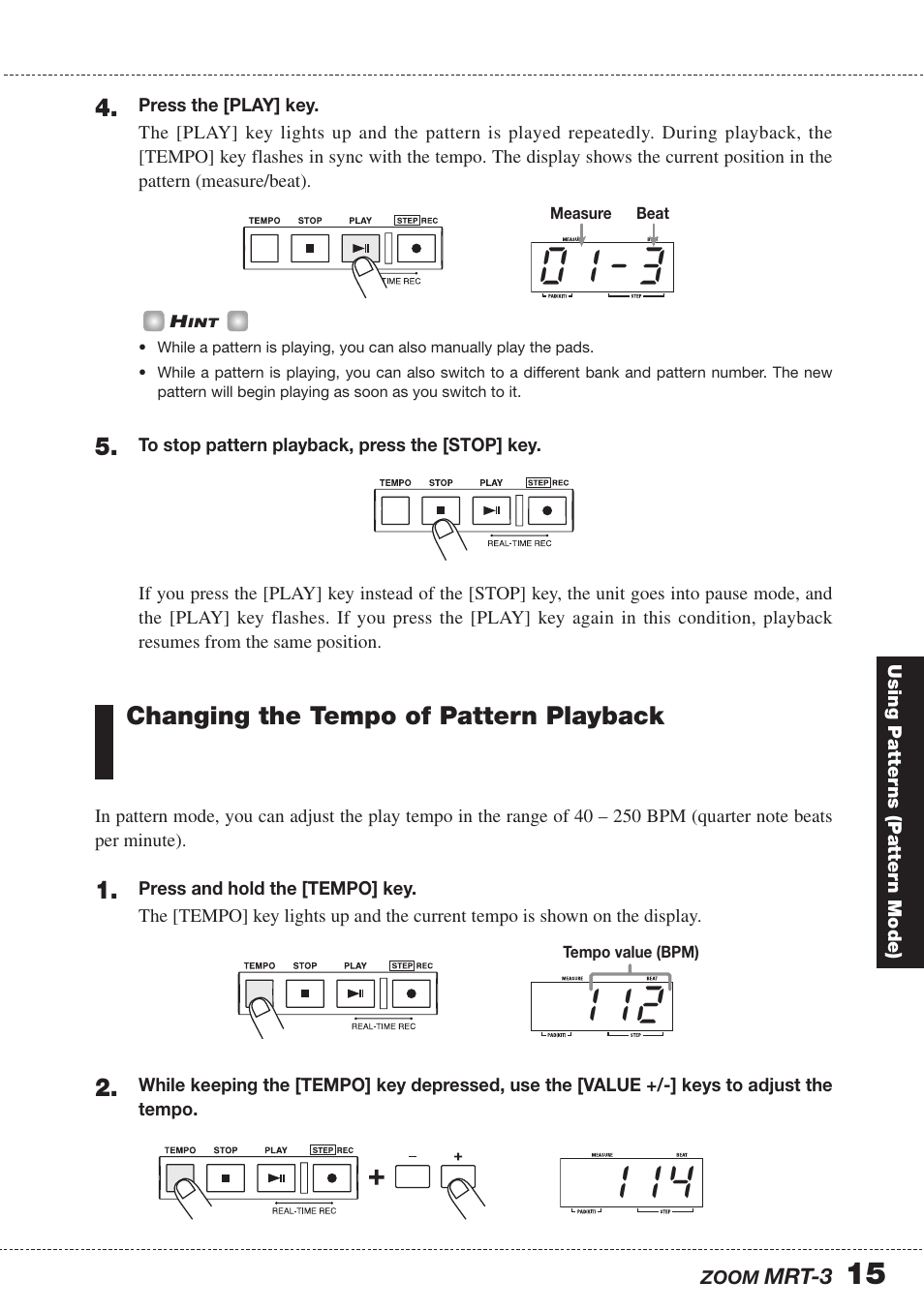 Changing the tempo of pattern playback | Zoom MRT-3 User Manual | Page 15 / 64