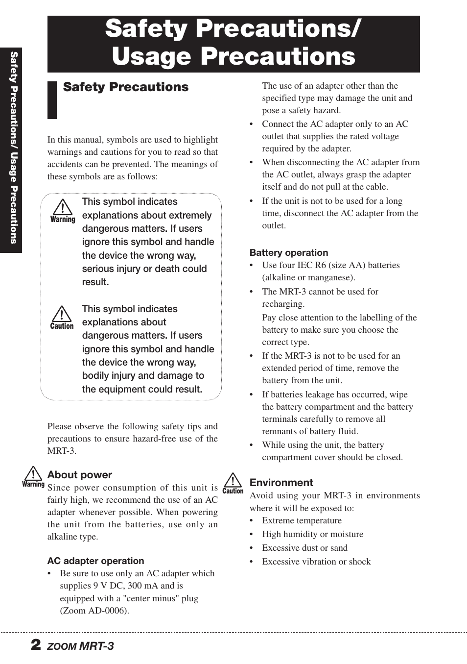 Safety precautions/ usage precautions, Safety precautions | Zoom MRT-3 User Manual | Page 2 / 64