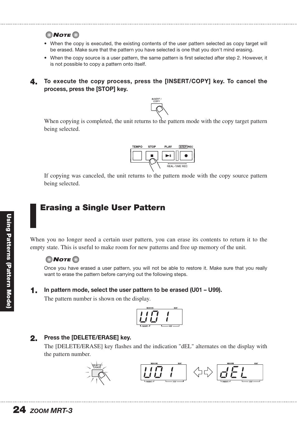 0 1 d e l @ 0 1, Erasing a single user pattern | Zoom MRT-3 User Manual | Page 24 / 64