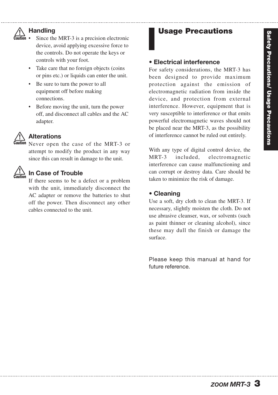 Usage precautions | Zoom MRT-3 User Manual | Page 3 / 64