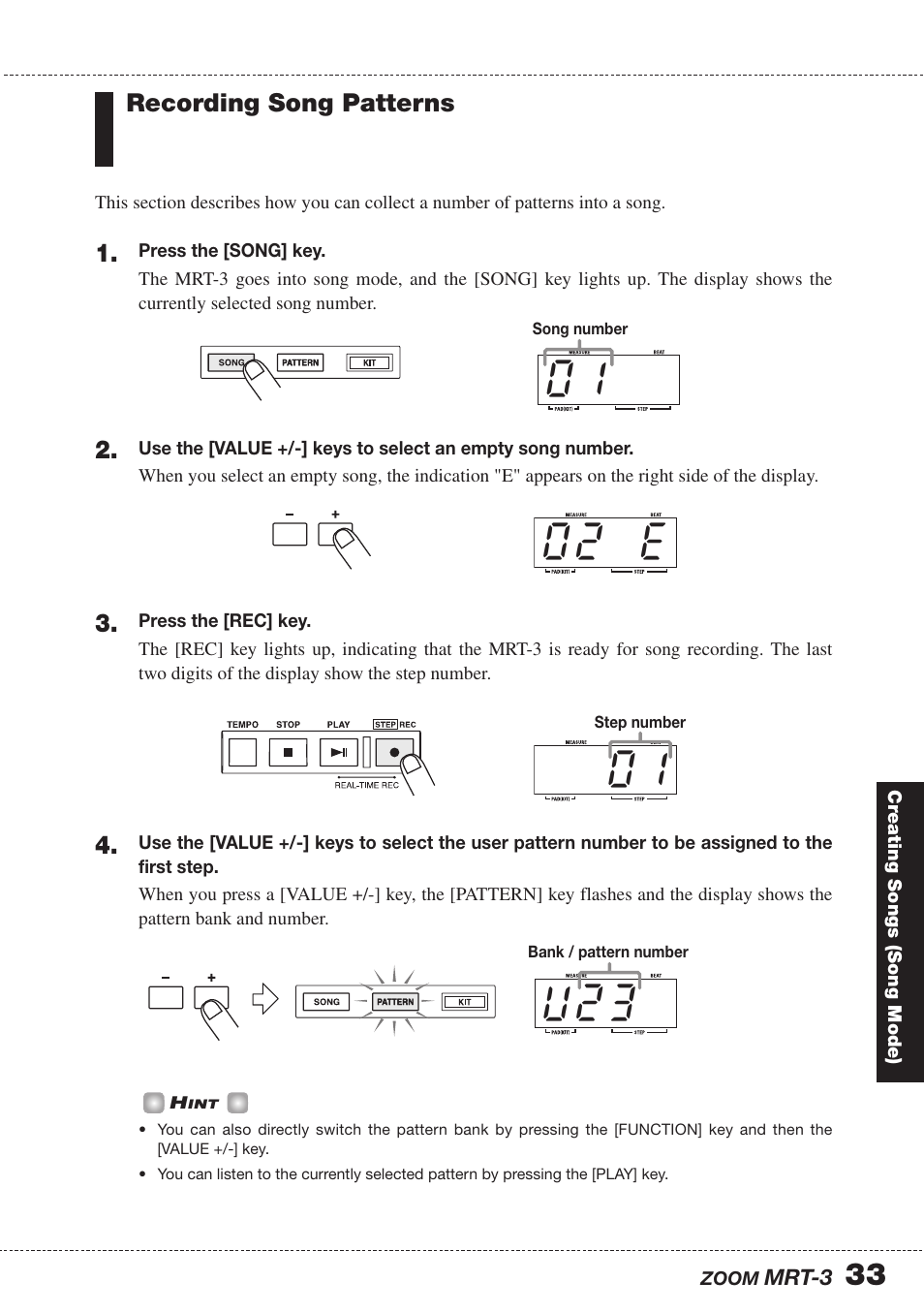 0 2 e 0 1, Recording song patterns | Zoom MRT-3 User Manual | Page 33 / 64