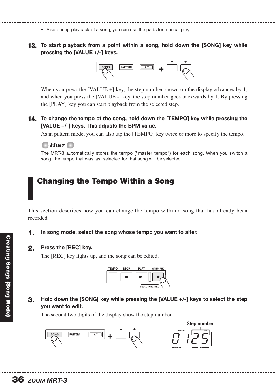 Changing the tempo within a song | Zoom MRT-3 User Manual | Page 36 / 64
