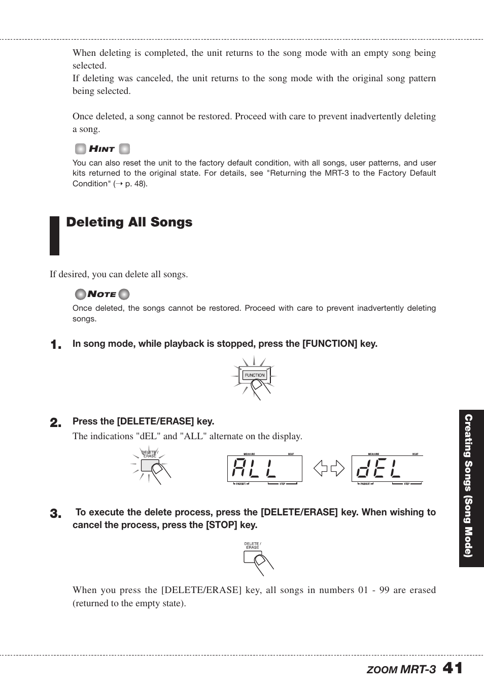 Deleting all songs | Zoom MRT-3 User Manual | Page 41 / 64