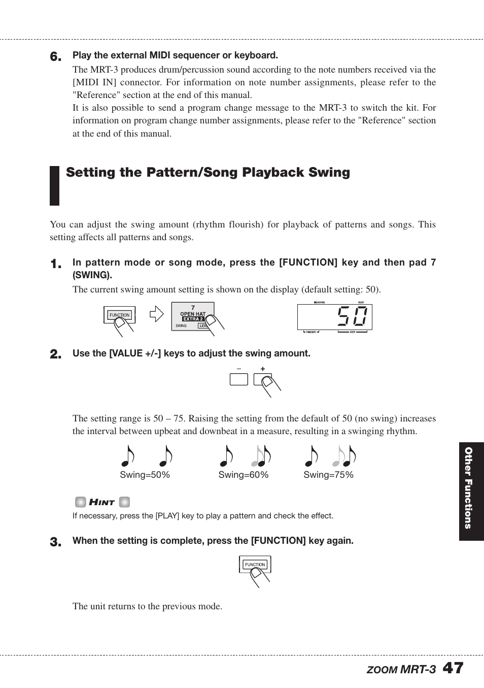 Setting the pattern/song playback swing | Zoom MRT-3 User Manual | Page 47 / 64