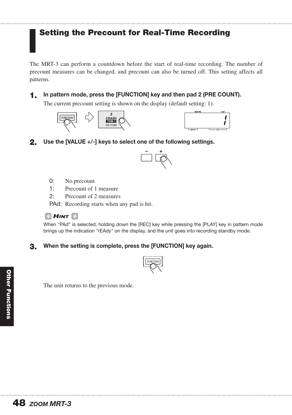 Setting the precount for real-time recording | Zoom MRT-3 User Manual | Page 48 / 64
