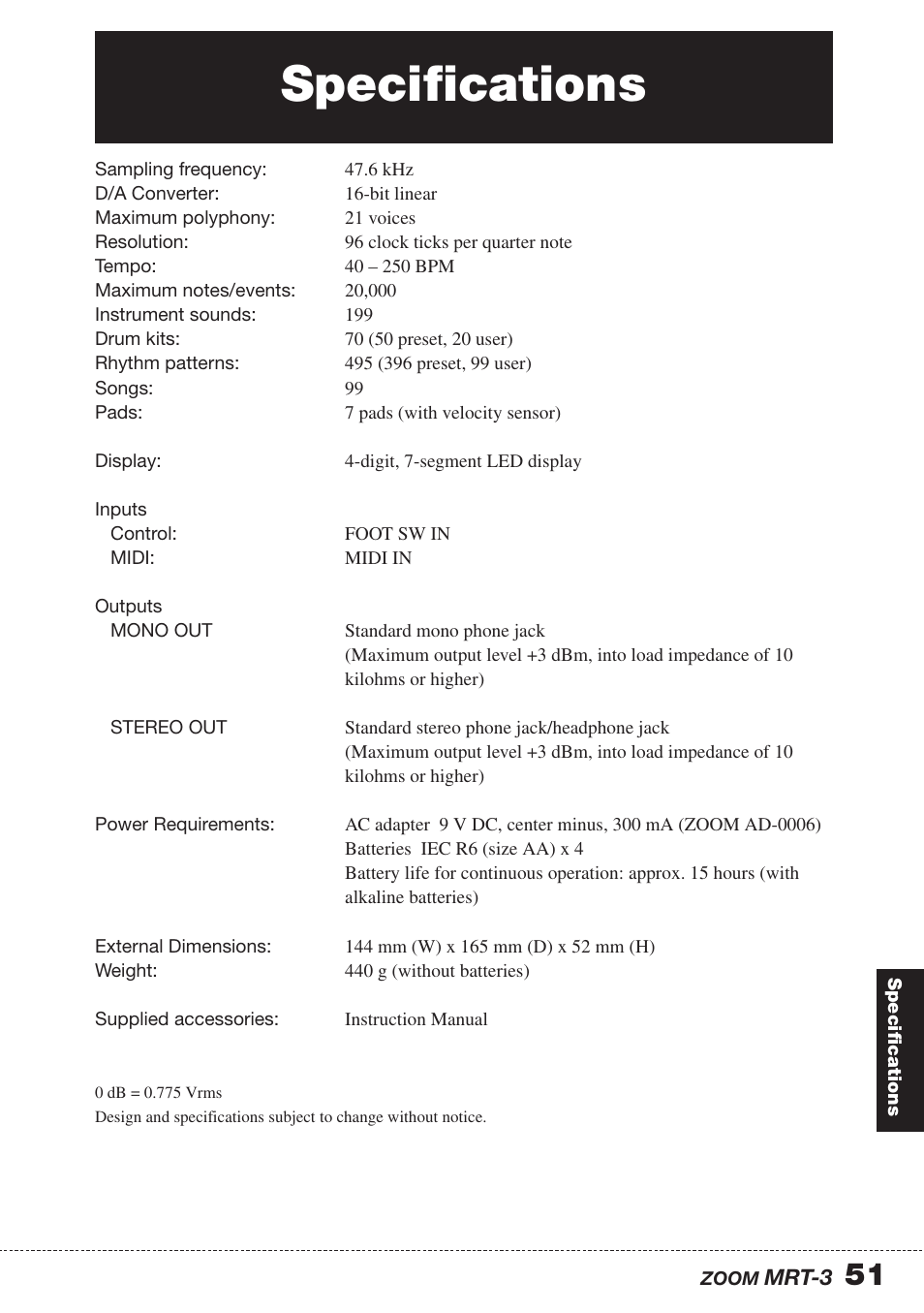 Specifications | Zoom MRT-3 User Manual | Page 51 / 64