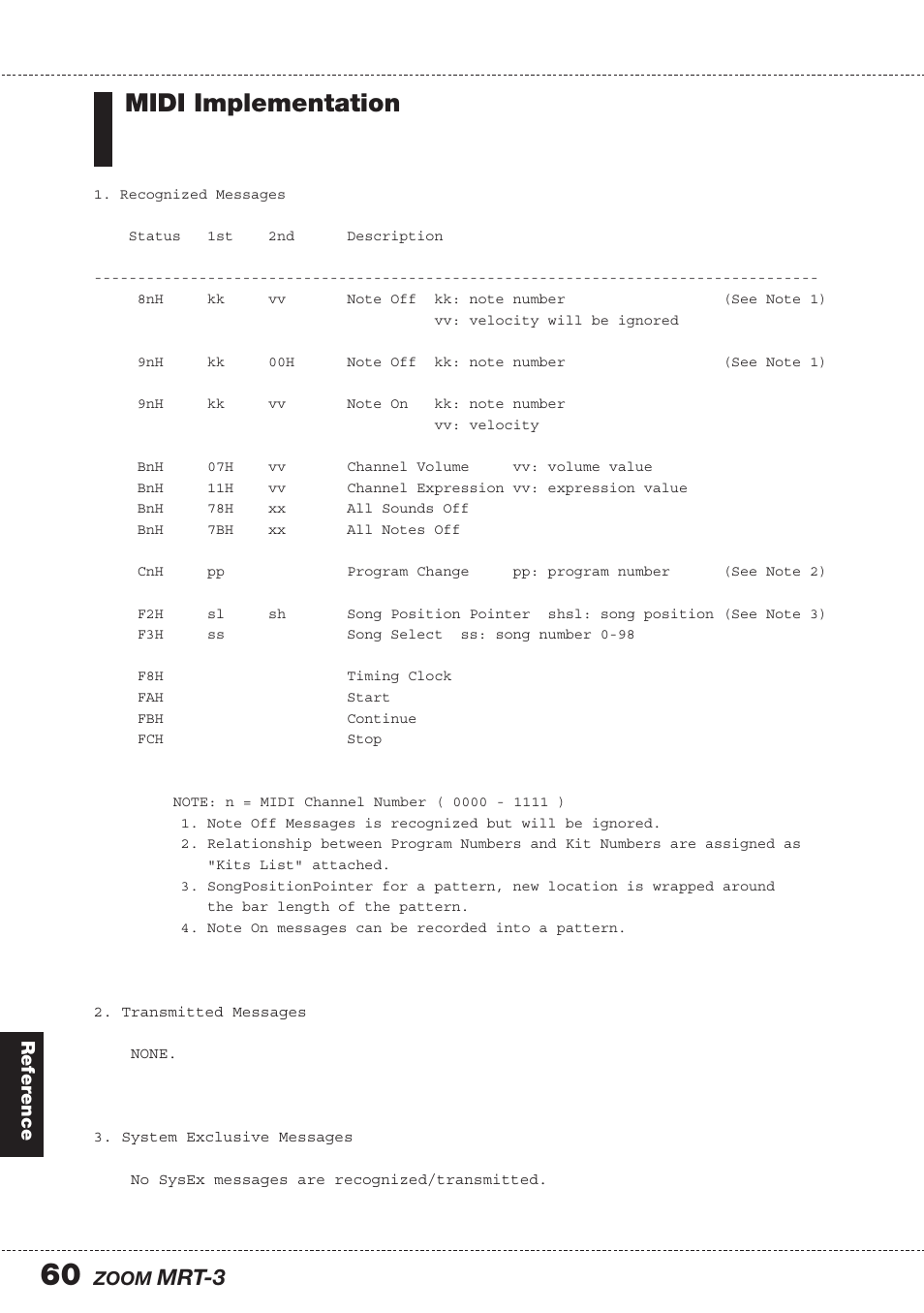 Midi implementation, Mrt-3 | Zoom MRT-3 User Manual | Page 60 / 64