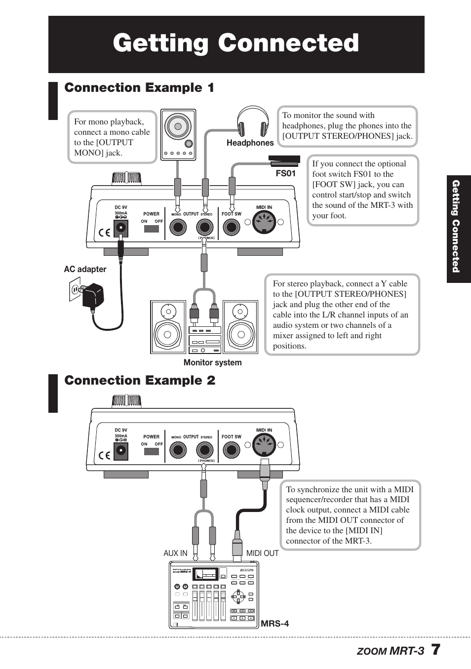 Getting connected, Connection example 1, Connection example 2 | Zoom MRT-3 User Manual | Page 7 / 64