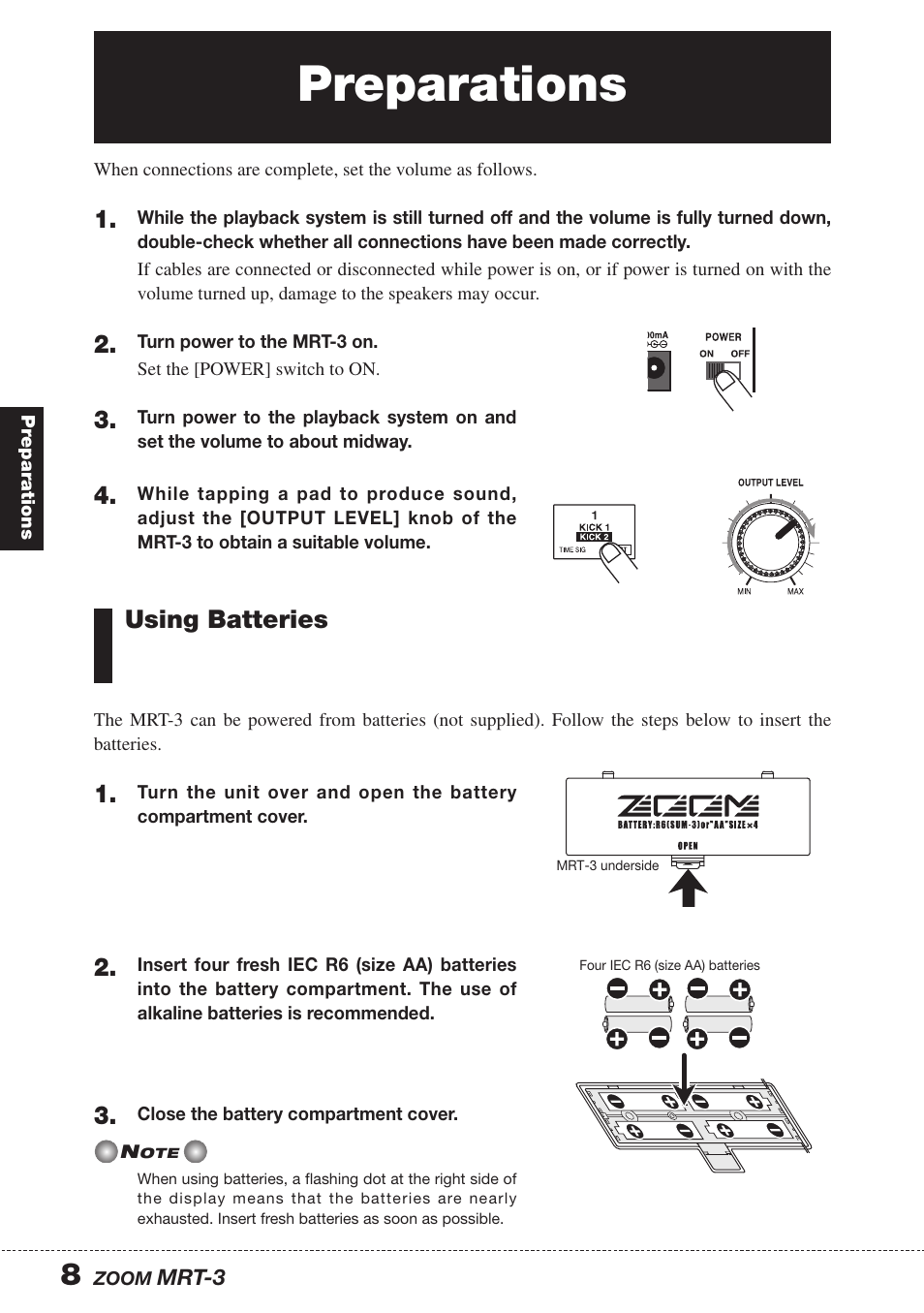 Preparations, Using batteries | Zoom MRT-3 User Manual | Page 8 / 64