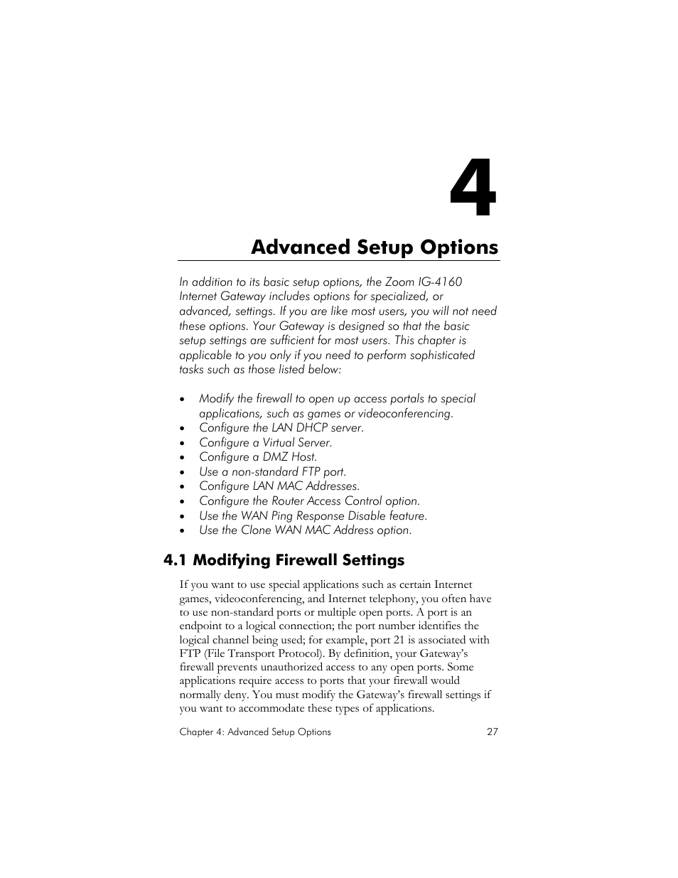 1 modifying firewall settings, Advanced setup options, Odifying | Irewall, Ettings | Zoom IG-4160 User Manual | Page 27 / 48